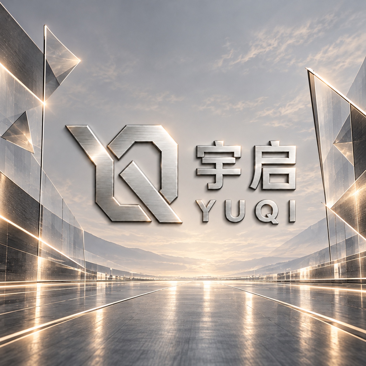 宇启 YQ 银色拉丝金属标志，置于香槟金光线与未来建筑空间中